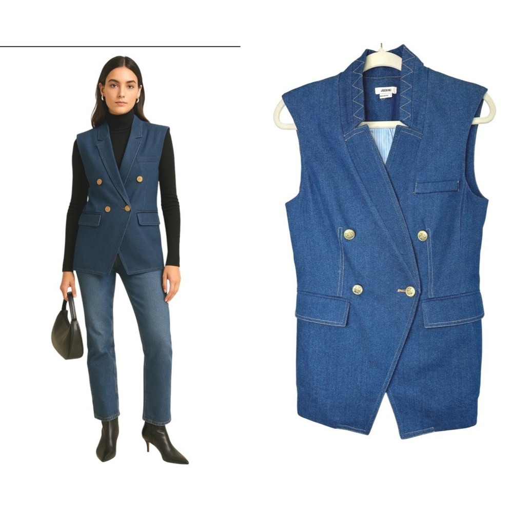 Jason Wu Denim Double‎ Breasted Vest Blazer Tailored Modern Chic Preppy  sz S